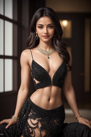 (best quality, masterpiece, detailed, realistic, photo-realistic, 35mm film, HDR, 4k, cinestill 800, sharp focus, 8mm film grain, Highres:1.4), full_body, 1girl, beautiful Indian princess sitting inside living room, (small breasts:1.3), navel chain, voluptuous figure, glistening skin, wet hair, intricate eyes, (green eyes), beautiful eyes, luscious hair, hair down, (brown skin), very high detailed face, blushing, smiling, insane detail, navel chain, intricate jewelry, ((pubic hair, small perfect breasts)), (fit, slim physique:1.3), toned stomach, (tiny beautiful breasts:1.5), very high detailed body, (dressed in sexy black gown, wearing intricate jewelry:1.3), sunny, godrays, evening, indian girl look,Indian,Btflindngds