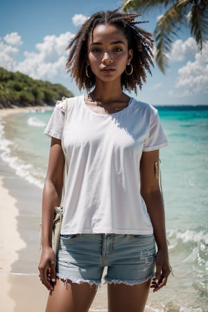 a Caucasian girl 29 year old standing on a beach wearing a white t-shirt,photorealistic, 