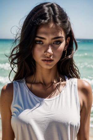 a Caucasian girl 29 year old standing on a beach wearing a white t-shirt,photorealistic, closeup