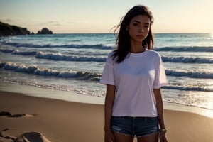 a Caucasian girl 29 year old standing on a beach wearing a white t-shirt,photorealistic