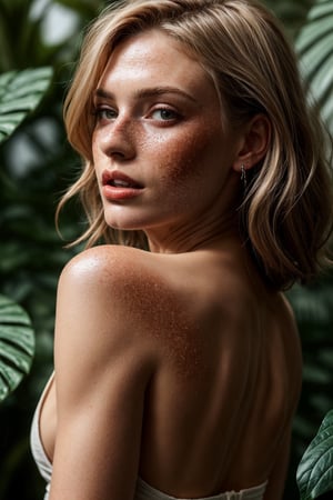 portrait, a beautiful woman, dark blonde hair, boho theme, monstera plant on the side, bending over, big butt, cinemanatic light, bodouir style, detailed hair, detailed skin, real image, 68k high resolution, 50mm, shot by DSLR camera, firm braest, portrait, clear image, detailed hair, detailed, red lips, real image, a photorealistic beautiful dark blonde woman, realistic, light hair, a stunning realistic photograph, liquid crystal, detailed skin pores, freckles, 20 yo, 