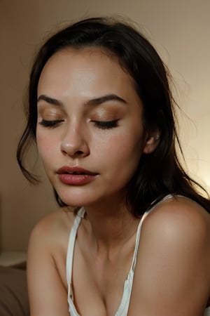 Young girl, brown Eyes, both eyes closed, tense expression, forehead sweat, lip-biting, climax face, silllhuoette, brunette hair, expressive face, facing camera, seductive face, fair skin, backlit, very dark bedroom background, shadows, in the style of adult comic, graphic novel, best quality