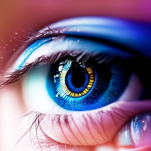 style of Mogan Andrei, blue eye with galaxy in it, close up, macro, black background, realistic, detailed, photography, thematic background, ambient enviroment, epic, candystyle,perfecteyes with a reflection of buildings.