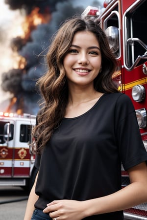 (epic quality, epic detail, RAW photo), A young girl with a cheeky smile looking at the camera. Burning building and firetruck in the background, intricate details, downblouse, extendeddownblouse, hanging breasts, hand in hair, 4K resolution, natural hair, natural skin texture, hyperrealism, hdr 
