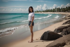 a Caucasian girl 29 year old standing on a beach wearing a white t-shirt,photorealistic