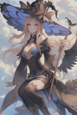 (best quality, masterpiece, colorful, dynamic angle) a sexy witch, riding a flying broomstick, above the clouds, big witch hat, smiling, beautiful colorful background, birds, (intricate details, hyperdetailed:1.15, extreme detailed, highest detailed), sml76,yuzu