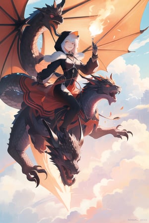 (best quality, masterpiece, colorful, dynamic angle) a sexy mage, beautiful detailed eyes:1.2,best illumination, (best shadow, an extremely delicate and beautiful, Anime face,2.5D,8k, Beautiful facial ,gigantic hanging breasts,features,bloom),dragon_real,riding a flying dragon, above the clouds, mage hood, smiling, beautiful colorful background, distopian city on fire, (intricate details, hyperdetailed:1.15, extreme detailed, highest detailed), sml76,yuzu,high heel