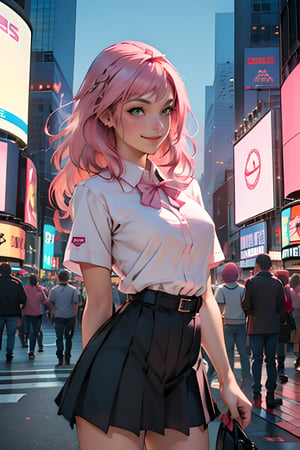 best quality,masterpiece,8k,1girl,(pink hair:1.8),cowboy shot,day,light smile,school uniform,Times Square USA