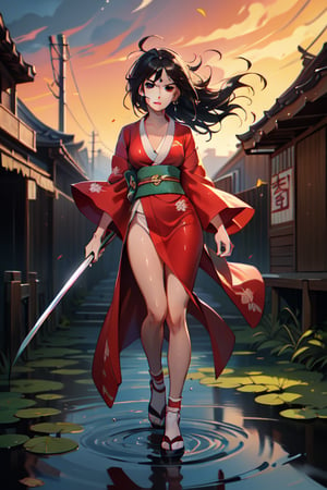 (dramatic, gritty, intense:1.4),masterpiece, best quality, 8k, insane details, intricate details, hyperdetailed, hyper quality, high detail, ultra detailed, best quality,pixiv, emma,Black hair, brown eyes, kimono, medium breast,show cleavage,upper body, standing in water,Japanese courtyard, yellow leaves, autumn, pond, stone, dry landscape,koi, girl IsshinHorse, ridinggemstone, gold leaf, A mature facesideways glance, (cold attitude,eyeshadow,eyeliner,red lips:1.1),(full body:1.5), drawing a Long, super long katana,holding one Long, super long katana, (Raising the weapon in hand:1.1),(messy hair:1.2), (Is attacking the audience with a weapon in hand:1.1),( wet hair:1.4) A shot with tension(sky glows red,Visual impact,giving the poster a dynamic and visually striking appearance:1.2),Chinese Zen style,impactful picture, (ObKnegative_hand Negative Embedding _negative_hand:1.1)