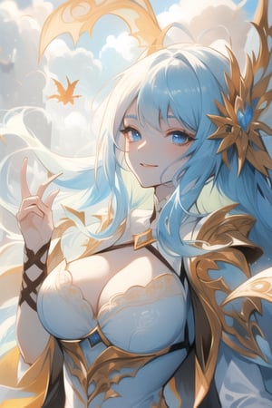 (best quality, masterpiece, colorful, dynamic angle) a sexy mage, beautiful detailed eyes:1.2,best illumination, (best shadow, an extremely delicate and beautiful, Anime face,2.5D,8k, Beautiful facial ,gigantic hanging breasts,features,bloom),dragon_real,riding a flying dragon, above the clouds, mage hood, smiling, beautiful colorful background, distopian city on fire, (intricate details, hyperdetailed:1.15, extreme detailed, highest detailed), sml76,yuzu