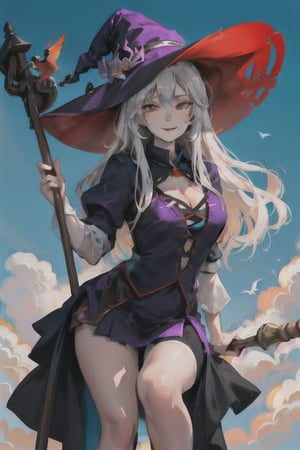 (best quality, masterpiece, colorful, dynamic angle) a sexy witch, riding a flying broomstick, above the clouds, big witch hat, smiling, beautiful colorful background, birds, (intricate details, hyperdetailed:1.15, extreme detailed, highest detailed), sml76,