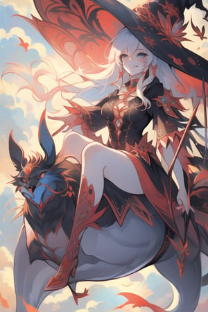 (best quality, masterpiece, colorful, dynamic angle) a sexy witch, riding a flying dragon, above the clouds, big witch hat, smiling, beautiful colorful background, birds, (intricate details, hyperdetailed:1.15, extreme detailed, highest detailed), sml76,yuzu