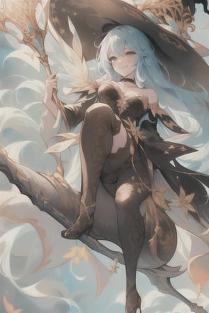 (best quality, masterpiece, colorful, dynamic angle) a sexy witch, riding a flying broomstick, above the clouds, big witch hat, smiling, beautiful colorful background, birds, (intricate details, hyperdetailed:1.15, extreme detailed, highest detailed), sml76,yuzu