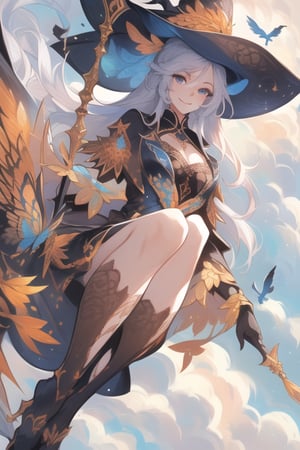 (best quality, masterpiece, colorful, dynamic angle) a sexy witch, riding a flying dragon, above the clouds, big witch hat, smiling, beautiful colorful background, birds, (intricate details, hyperdetailed:1.15, extreme detailed, highest detailed), sml76,yuzu