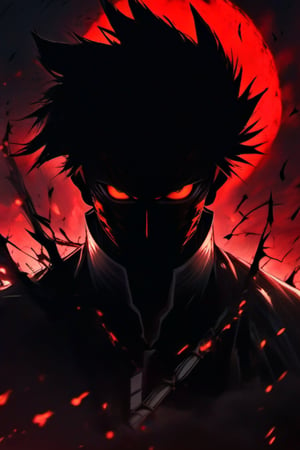 masterpiece,8k,super powerful anime protaganist villian sinister face red eyes.demon lord  perfect symetry,8k eyes,centered, upper body photography, , (black hair color with red highlights), manly short hairstyle, dark red eyes, glowy eyes, |sword fight against army of angels dark sky destroyed landscape 