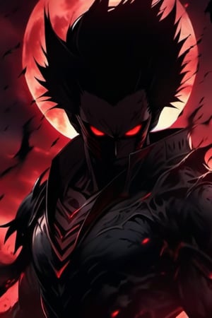 masterpiece,8k,super powerful anime protaganist villian sinister face red eyes.demon lord  perfect symetry,8k eyes,centered, upper body photography, , (black hair color with red highlights), manly short hairstyle, dark red eyes, glowy eyes, |sword fight against army of angels dark sky destroyed landscape ,Magical Fantasy style,4nime style