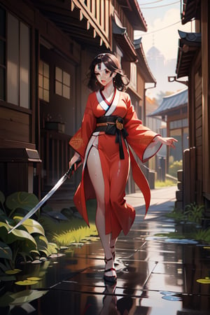 (dramatic, gritty, intense:1.4),masterpiece, best quality, 8k, insane details, intricate details, hyperdetailed, hyper quality, high detail, ultra detailed, best quality,pixiv, emma,Black hair, brown eyes, kimono, medium breast,show cleavage,upper body, standing in water,Japanese courtyard, yellow leaves, autumn, pond, stone, dry landscape,koi, girl IsshinHorse, ridinggemstone, gold leaf, A mature facesideways glance, (cold attitude,eyeshadow,eyeliner,red lips:1.1),(full body:1.5), drawing a Long, super long katana,holding one Long, super long katana, (Raising the weapon in hand:1.1),(messy hair:1.2), (Is attacking the audience with a weapon in hand:1.1),( wet hair:1.4) A shot with tension(sky glows red,Visual impact,giving the poster a dynamic and visually striking appearance:1.2),Chinese Zen style,impactful picture, (ObKnegative_hand Negative Embedding _negative_hand:1.1)