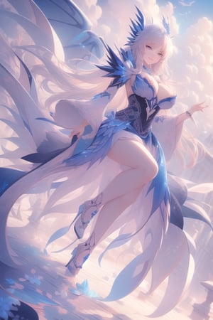 (best quality, masterpiece, colorful, dynamic angle) a sexy mage, beautiful detailed eyes:1.2,best illumination, (best shadow, an extremely delicate and beautiful, Anime face,2.5D,8k, Beautiful facial ,gigantic hanging breasts,features,bloom),dragon_real,riding a flying dragon, above the clouds, mage hood, smiling, beautiful colorful background, distopian city on fire, (intricate details, hyperdetailed:1.15, extreme detailed, highest detailed), sml76,yuzu,high heel