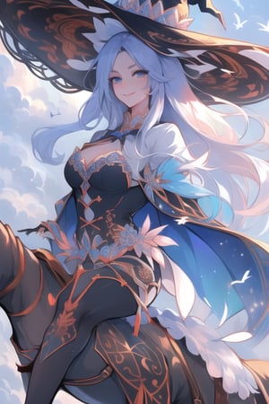 (best quality, masterpiece, colorful, dynamic angle) a sexy witch, riding a flying dragon, above the clouds, big witch hat, smiling, beautiful colorful background, birds, (intricate details, hyperdetailed:1.15, extreme detailed, highest detailed), sml76,yuzu