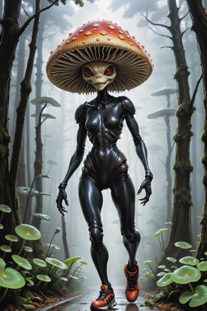 Glossy (Anthropomorphic walking alien mushroom creatures:1.2), with macabre faces inspired by Alex Horley's art style, invading Earth, specifically targeting Los Angeles city, dramatic lighting, golden ratio, ultra-realistic, digital painting. 