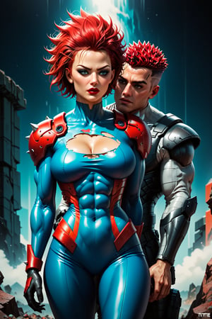 Dystopian war, Metal hurlant art style, (power couple:1.4), (a woman, extremly beautiful, ripped muscles, thicc ties, busty, red hair mistress, wearing ripped short bodysuit, shoulder pads:1.3), calm and assertive bad look, behind her back a (big alien bodyguard man, extremely muscled with light armor, spiked hair:1.3), (warfare:1.3), futuristic, dark sci-fi style, dystopian city scene, score_9_up, score_8_up, score_7_up,