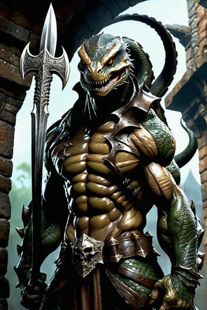 Dungeons & Dragons simon bisley art style, (realistic Anthropomorphic monster Snake with human torso:1.3), Extremely muscled and bulky, (Immensely detailed Snake full body, Rough skin, Scaly skin, Textured skin:1.2), (wearing armor:1.2), (holding a large big broad sword in hand:1.4), rpg style, sharp focus, Immense detail, low light, (ancient dark gloomy dungeon filled with fog, bones, old rusty weapons:1.2), spider webs, aged, decayed, mossy, Chiaroscuro, action, (Glittering close up, reflective eyes, rim lighting, lights, detailed eyes), cinematic, hyperrealistic art, extremely high-resolution details, photographic, realism pushed to extreme, fine texture, incredibly lifelike, dark, 