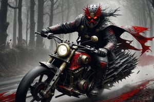 The caped Chainsaw biker, grotesquery, dark, eerie, hellish motorcycle, art by Yoann Lossel, spikes on wheels, bloody Macabre, 2000 AD comic style, red image filter, 3d ground view, High speed Slow motion, Dynamic motion blur, fisheye cam, dslr, raw photography, cinematic motion. 