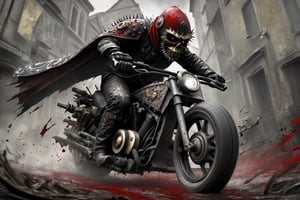 The caped Chainsaw biker, grotesquery, dark, eerie, hellish motorcycle, art by Yoann Lossel, spikes on wheels, bloody Macabre, 2000 AD comic style, red image filter, 3d ground view, High speed Slow motion, Dynamic motion blur, fisheye cam, dslr, raw photography, cinematic motion. 