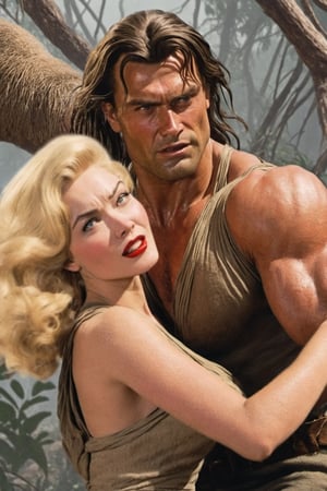 Award-wining photography, (Savage man Tarzan), protecting a beautiful 1920s (blonde woman), perfect face, sharp eyes, extremely definition, ripped clothes, pre-historic wilderness, Volumetric 3d effect, ZBrush render, additional Blender details, scene from a cinematic high quality movie, action, eerie, Vintage style, cinematic natural lighting, lines by Frank Frazetta. 