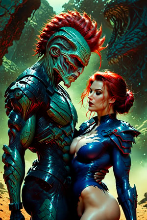 In love, Metal hurlant art style, (power couple:1.4), (a woman, extremly beautiful, ripped muscles, thicc ties, busty, red hair mistress, wearing ripped short bodysuit, shoulder pads:1.3), calm and assertive look, behind her back a (big alien man, extremely muscled with light armor, spiked hair:1.3), holding a huge heavy machinegun, futuristic, dark sci-fi style, dystopian city scene, score_9_up, score_8_up, score_7_up,