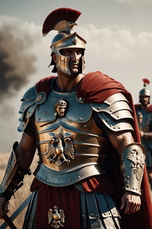 Full body picture, (Roman Centurion), bronze armor, red cape, (holding SPQR eagle staff:1.5), (standing tall over the battlefield), strong, rebellious, grunge, highly artistic, rough textures, incredible masterpiece, octane render, photorealism, hyperrealism, intricate details, ultra skin intricate clothes accurate hands, macro image detailed, shots, badass look, action, perfect eyes, best quality, extremely sharp focus face, analog fine film grain, cinematic, realistic, trending artstation, focus, studio photo, details, highly rutkowski, intricate, busy, raw, 4k, 8k, isometric, digital smog, 3d render, octane volumetrics, artwork masterpiece, ominous, matte painting movie poster, golden ratio, cgsociety,detailmaster2