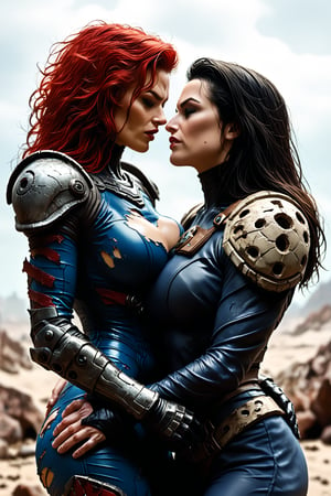 Dystopian war, Metal hurlant art style, (power couple:1.4), (a woman, extremly beautiful, ripped muscles, thicc ties, busty, red hair mistress, wearing ripped short bodysuit, shoulder pads:1.3), calm and assertive bad look, behind her back a (big alien bodyguard man, extremely muscled with light armor, spiked hair:1.3), (warfare:1.3), (futuristic dark sci-fi style, dystopian wasteland city background) , score_9_up, score_8_up, score_7_up,