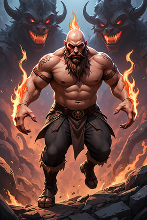 Arcade style platformer, Jinborov Karnovski aka karnov the bulging-muscled, fire-breathing, east-Russian, ex-circus strongman bald hero, belly, running to fight monsters, arcade game style, dynamic, vibrant, action-packed, detailed character design, reminiscent of fighting video games, 