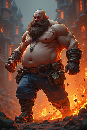 Arcade style platformer, Jinborov Karnovski aka karnov the bulging-muscled, fire-breathing, east-Russian, ex-circus strongman bald hero, belly, running to fight monsters, arcade game style, dynamic, vibrant, action-packed, detailed character design, reminiscent of fighting video games, 