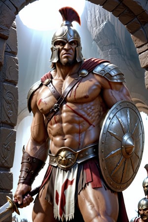 photo realism, 15mm wide-angle lens, ultra wide angle view, Art by Joe Jusko and Simon bisley, (a giant cyclops) standing in front of a (Extremely perfect anatomy), (Greek hoplite Spartan, holding sword and shield), ultra photoreal, photographic, concept art, cinematic lighting, cinematic composition, rule of thirds, mysterious, eerie, cinematic lighting, ultra-detailed, ultrarealistic, photorealism, 8k, octane render, cinematic, Textured skin, digital art, wlop, artgerm and james jean, ultra hd, realistic, highly detailed, UHD, perfect composition, beautiful detailed, intricate insanely detailed, rays, reflects. 