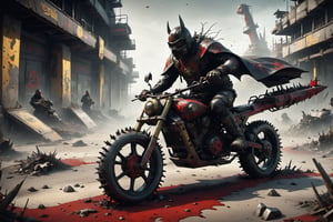 The caped Chainsaw biker, grotesquery, dark, eerie, hellish motorcycle, art by Yoann Lossel, spikes on wheels, bloody Macabre, 2000 AD comic style, red image filter, 3d ground view, High speed Slow motion, Dynamic motion blur, fisheye cam, dslr, raw photography, cinematic motion. 