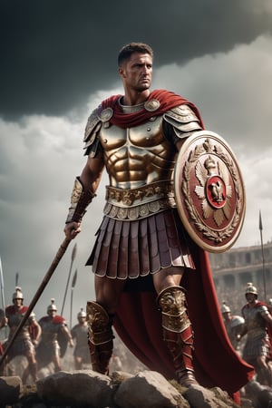 Full body picture, (Roman Centurion), bronze armor, red cape, (holding SPQR eagle staff:1.5), (standing tall over the battlefield), strong, rebellious, grunge, highly artistic, rough textures, incredible masterpiece, octane render, photorealism, hyperrealism, intricate details, ultra skin intricate clothes accurate hands, macro image detailed, shots, badass look, action, perfect eyes, best quality, extremely sharp focus face, analog fine film grain, cinematic, realistic, trending artstation, focus, studio photo, details, highly rutkowski, intricate, busy, raw, 4k, 8k, isometric, digital smog, 3d render, octane volumetrics, artwork masterpiece, ominous, matte painting movie poster, golden ratio, cgsociety,detailmaster2