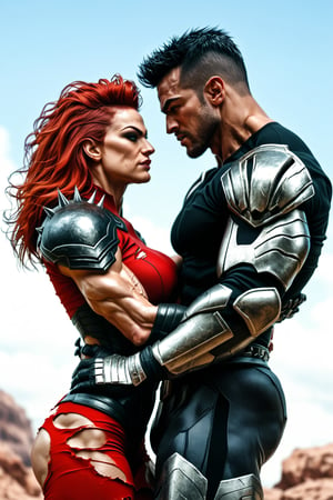 Dystopian war, Metal hurlant art style, (power couple:1.4), (a woman, extremly beautiful, ripped muscles, thicc ties, busty, red hair mistress, wearing ripped short bodysuit, shoulder pads:1.3), calm and assertive bad look, behind her back a (big alien bodyguard man, extremely muscled with light armor, spiked hair:1.3), (warfare:1.3), (futuristic dark sci-fi style, dystopian wasteland city background) , score_9_up, score_8_up, score_7_up,