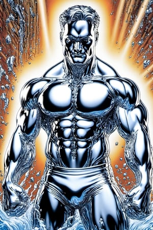 Photorealism, 8k, sharpest detail, (Man with (full) body made of chrome:1.2), heroic front posing as bodybuilder, arms up, perfect anatomy and musculature, masterpiece art by joe madureira and joe jusko, (reflective:1.2). ,neon