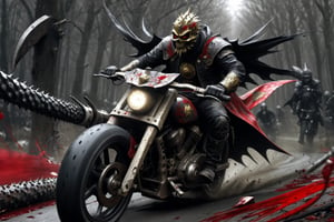 The caped Chainsaw biker, grotesquery, dark, eerie, hellish motorcycle, art by Yoann Lossel, spikes on wheels, bloody Macabre, 2000 AD comic style, red image filter, 3d ground view, High speed Slow motion, Dynamic motion blur, fisheye cam, dslr, raw photography, cinematic motion. 
