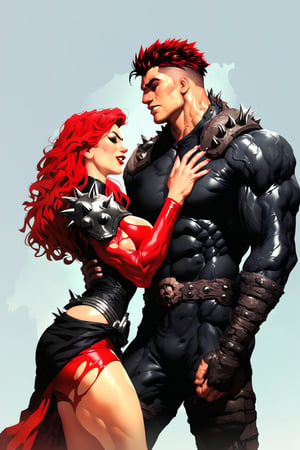 Dystopian war, Metal hurlant art style, (power couple:1.4), (a woman, extremly beautiful, ripped muscles, thicc ties, busty, red hair mistress, wearing ripped short bodysuit, shoulder pads:1.3), calm and assertive bad look, behind her back a (big alien bodyguard man, extremely muscled with light armor, spiked hair:1.3), (warfare:1.3), (futuristic dark sci-fi style, dystopian wasteland city background) , score_9_up, score_8_up, score_7_up,