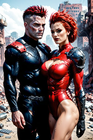 Dystopian war, Metal hurlant art style, (power couple:1.4), (a woman, extremly beautiful, ripped muscles, thicc ties, busty, red hair mistress, wearing ripped short bodysuit, shoulder pads:1.3), calm and assertive bad look, behind her back a (big alien bodyguard man, extremely muscled with light armor, spiked hair:1.3), (warfare:1.3), (futuristic dark sci-fi style, dystopian wasteland city background) , score_9_up, score_8_up, score_7_up,