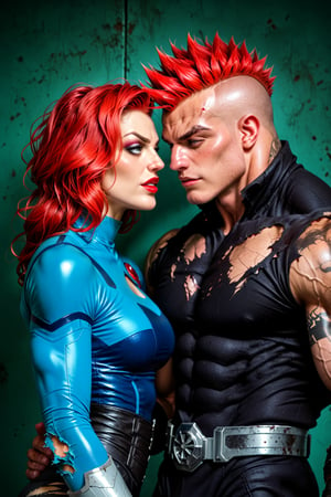 In love, Metal hurlant art style, (power couple:1.4), (woman, extremly beautiful and ripped muscled, red hair mistress, wearing ripped clothes, calm and assertive look:1.3), And a (big alien man, extremely muscled with light armor, spiked hair, with a huge heavy sci-fi gun:1.3), futuristic dark sci-fi style, dystopian city scene, score_9_up, score_8_up, score_7_up,