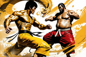 2 fighters in the street, (Bruce Lee:2.5), vs. (Hakuhō Shō sumo:2), (fighting game style:2), in the style of simon bisley, Karol Bak, Reiq, dynamic, vibrant, action-packed, detailed character design, reminiscent of fighting video games, Dynamic motion blur, silverpoint, infinite detail to every pore, 