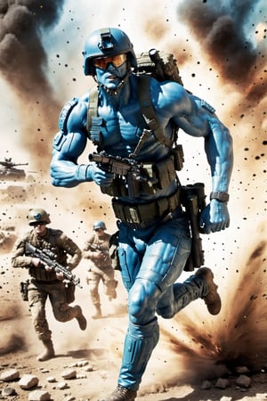 2000AD style, (Rogue Trooper:1.2), (muscular:1.2), blue skin, military sci-fi, (running in a battlefield:2), Dynamic motion blur, Laser sharp Immense detail, fov, full shot,NightmareFlame