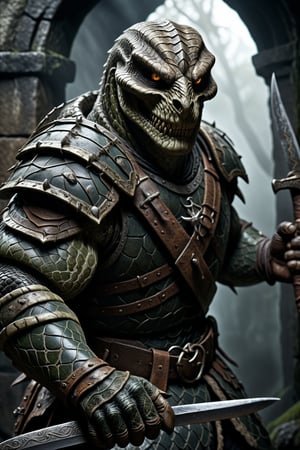 Dungeons & Dragons style art, (realistic Anthropomorphic monster Snake with human torso:1.3), Extremely muscled and bulky, (Immensely detailed Snake full body, Rough skin, Scaly skin, Textured skin:1.2), (wearing armor) and (one extra large blade sword in hand:1.3), rpg style, sharp focus, Immense detail, low light, (ancient dark gloomy dungeon filled with fog, bones, old rusty weapons:1.2), spider webs, aged, decayed, mossy, Chiaroscuro, action, (Glittering close up, reflective eyes, rim lighting, lights, detailed eyes), cinematic, hyperrealistic art, extremely high-resolution details, photographic, realism pushed to extreme, fine texture, incredibly lifelike, dark, 