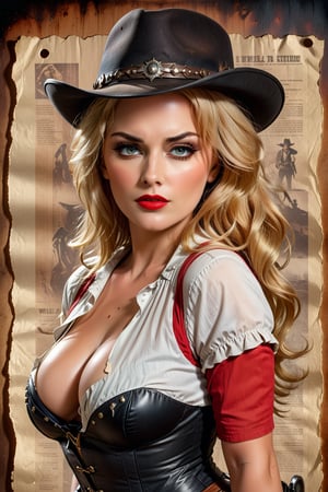 Vintage wild west 80s style movie poster, (Kane the gunslinger:1.2) and (Angela an extremely beautiful blonde, American pin-up damsel in distress:1.2 ), (voluptuous breasts, tiny waist:1.2), realistic eyes, red hair, (Old Wanted scratched burned parchment paper poster style background:1.4), wild saloon scene, high noon, concept art, cinematic lighting, cinematic composition, rule of thirds, ultradetailed, ultrarealistic, 8k, octane render, sharp focus, studio photo, intricate details, highly detailed. ,score_9, score_8_up. 