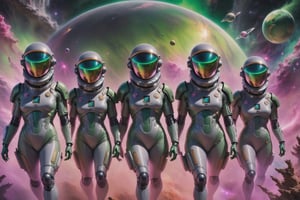 80s synthwave, remixed art by Carne griffiths, Chiaroscuro, reflective, ghosting effect, Star command squad, 80s style, (five women space squad:1.5) battling, (wearing grey uniform smooth spacesuits with symbols:2), (hermetic globe helmets:2), badass eyes, shouting anger expressions, (all heavily armed:2), (green galaxy nebula in space background:2), Cosmic Horror, galactic aura symphony, alien creatures fleeing, cowboy shot, wide angle shot,cyberpunk style,vaporwave style
