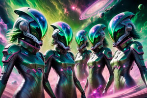 80s synthwave, remixed art by Carne griffiths, Chiaroscuro, reflective, ghosting effect, Star command squad, 80s style, five women space squad battling, (wearing grey uniform smooth spacesuits with symbols:1.5), (hermetic globe helmets:2), badass eyes, shouting anger expressions, all heavily armed, (green galaxy nebula in space background:2), Cosmic Horror, galactic aura symphony, alien creatures fleeing, cowboy shot, wide angle shot,cyberpunk style,vaporwave style