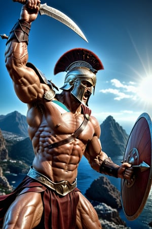 photo realism, 15mm wide-angle lens, masterpiece Art by Joe Jusko and joe madureira, (Extremely perfect, exagerated muscled anatomy:1.4), (Greek hoplite Spartan, holding a spear and shield:1.3), ultra photoreal, photographic, concept art, cinematic lighting, cinematic composition, ultra-detailed, ultra-realistic, photorealism, 8k, octane render, cinematic, realistic, highly detailed, UHD, perfect composition, beautiful, intricate, insanely detailed, rays, reflects. 